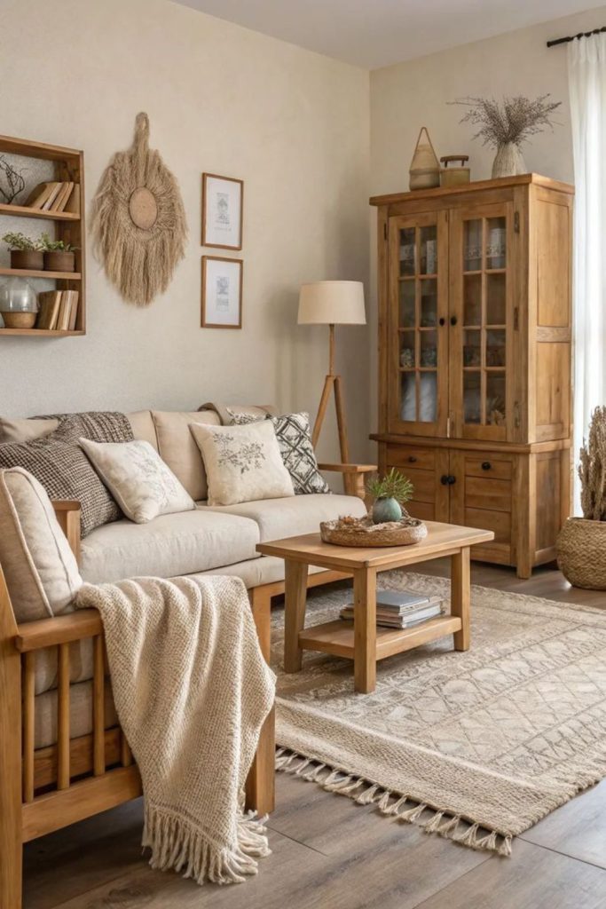 Soft linen living room with oak furniture.