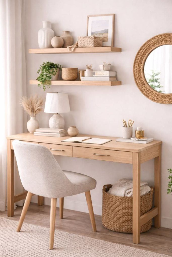 Soft linen aesthetic dorm desk setup.