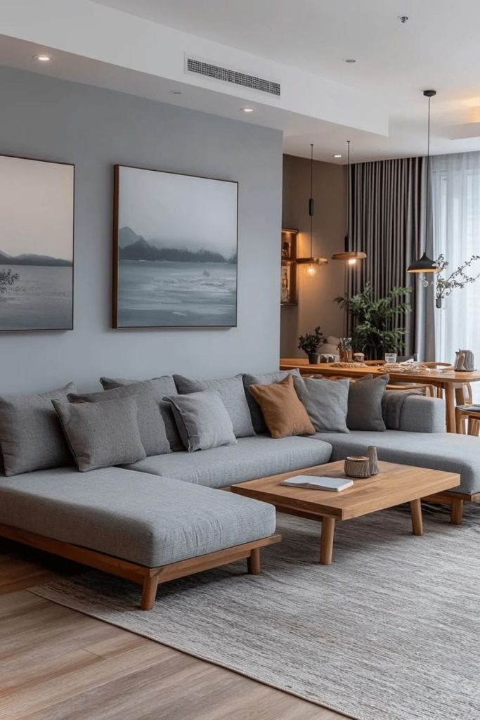 Gray monochrome room with oak details.