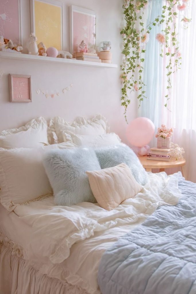 Pastel dorm featuring dreamy cozy decor.
