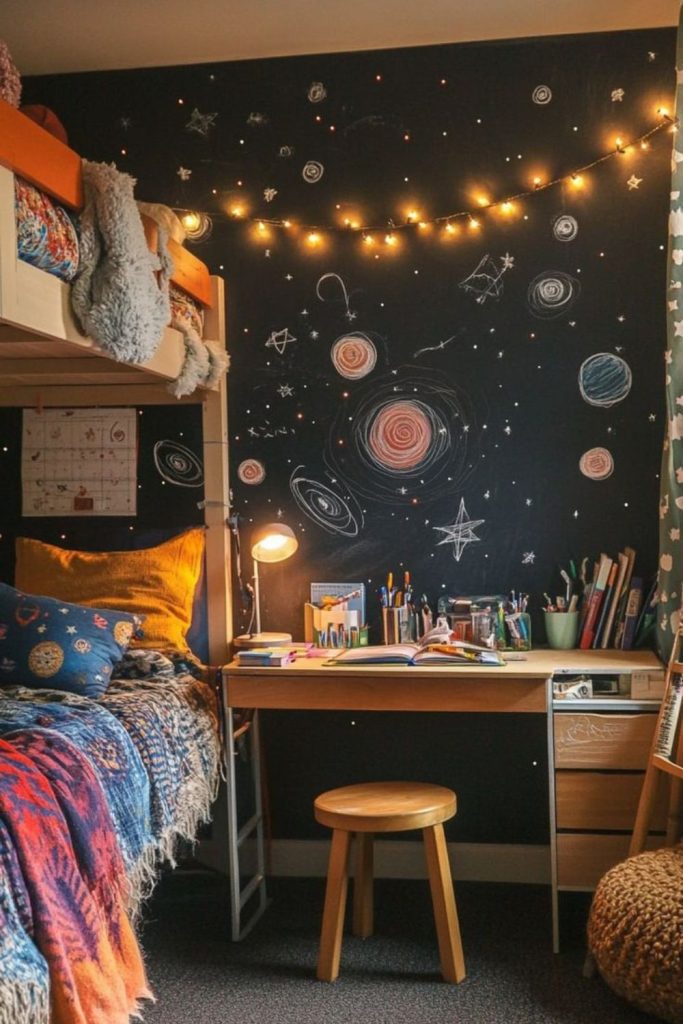 Space-themed dorm with rocket decorations.