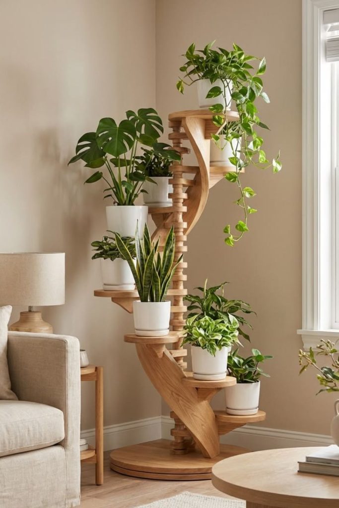 Spiral tower indoor plant shelf structure
