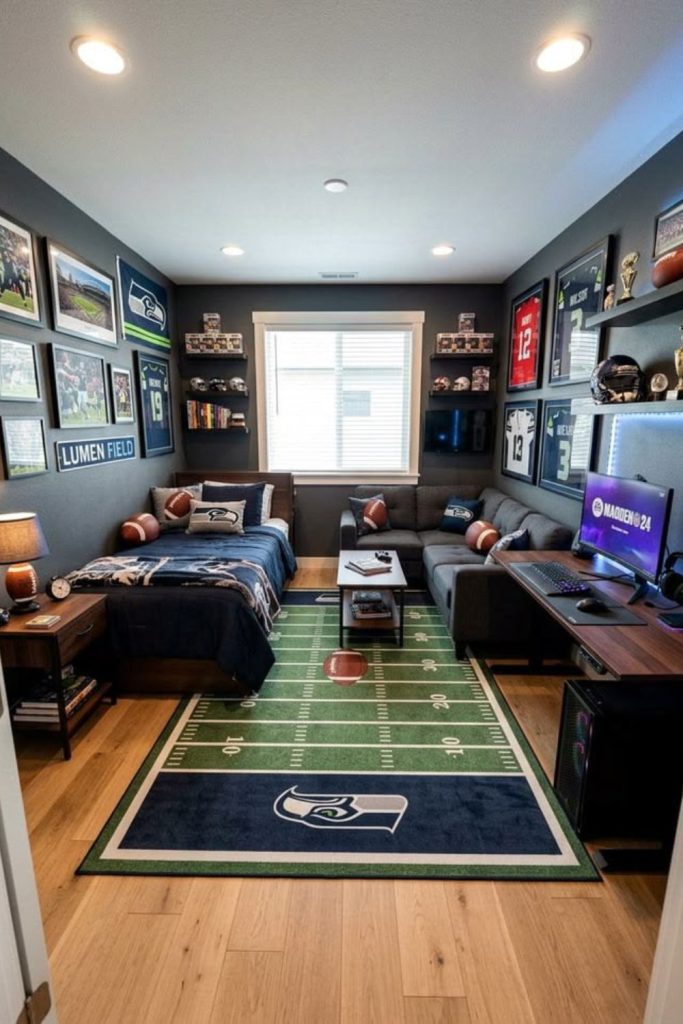 Sports-themed modern men's bedroom.