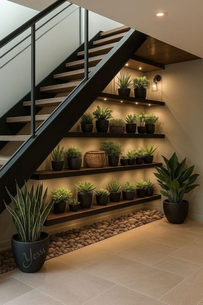 Under staircase hidden plant shelf garden
