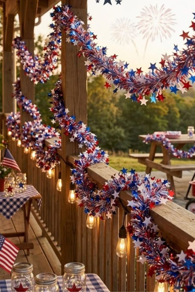 Star garlands draped across porch railings