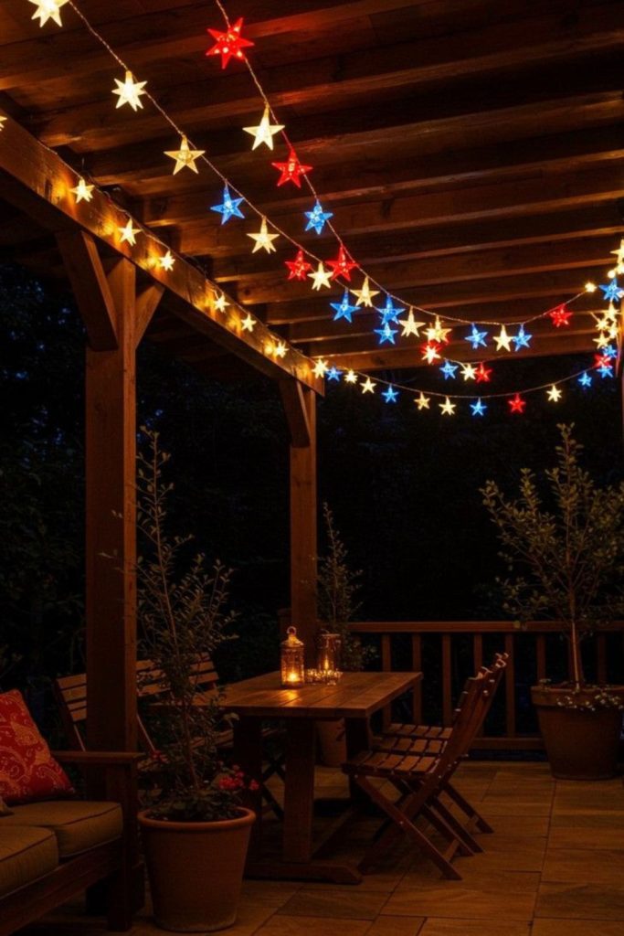 Hanging star lanterns glowing festive porch night
