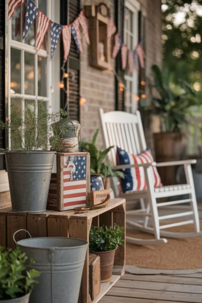 Rustic farmhouse porch with flags crates and patriotic red white blue accents