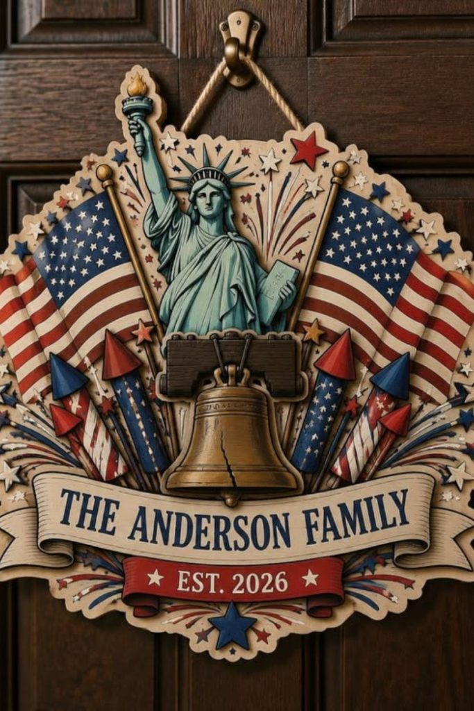 Patriotic flag themed wooden door hanger.