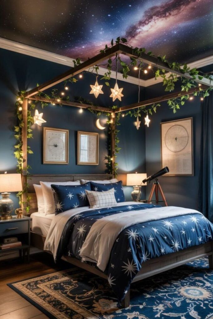 Celestial attic room with fairy lights.