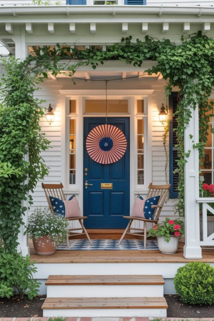 Minimal modern porch with navy accents and subtle patriotic flag centerpiece