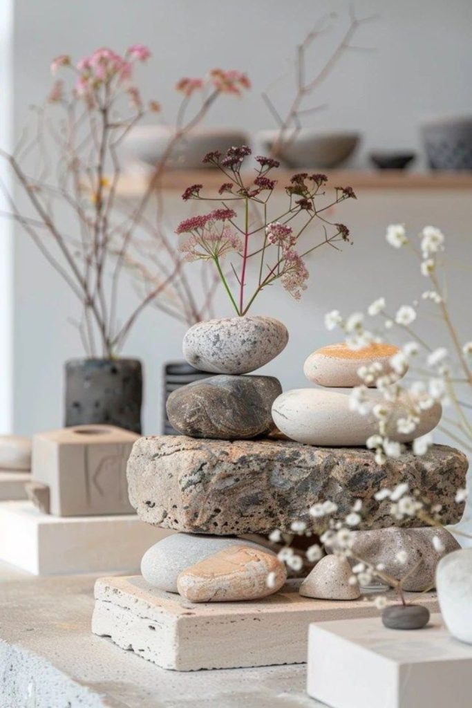 Natural stone objects shelf arrangement.