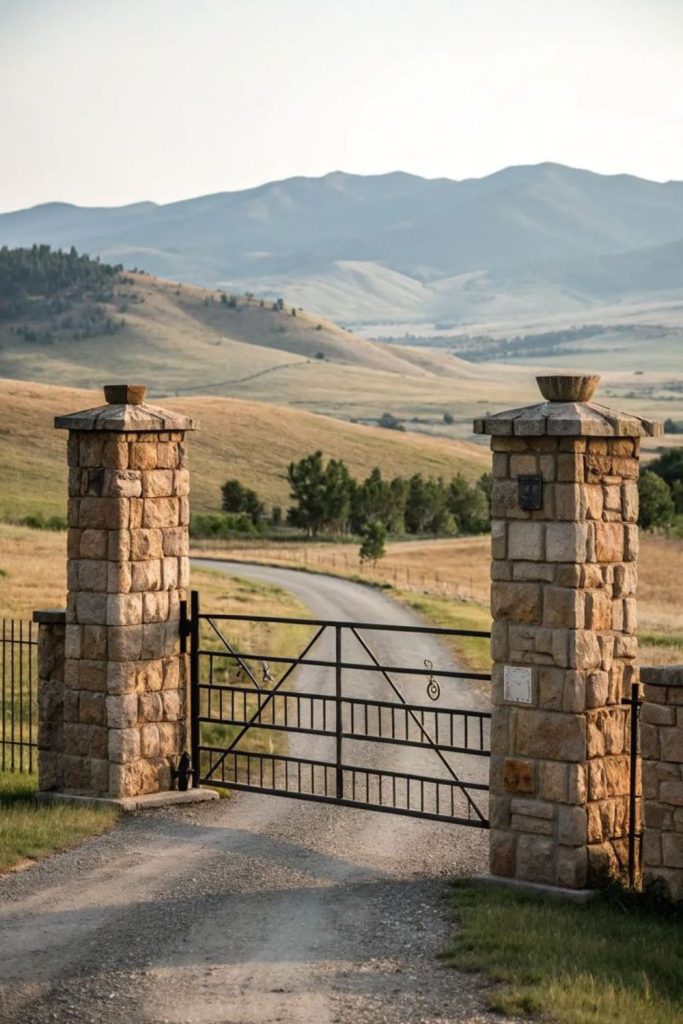Stone pillar framed farm entrance gate