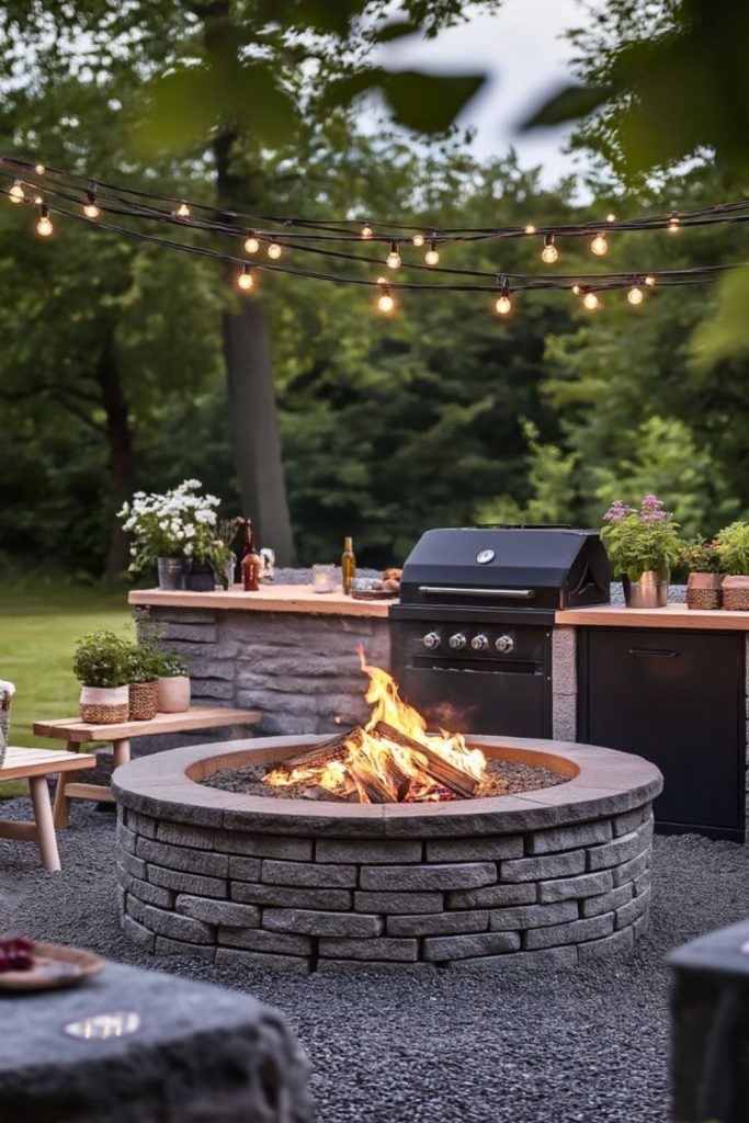 Spiral stone fire circle grill garden