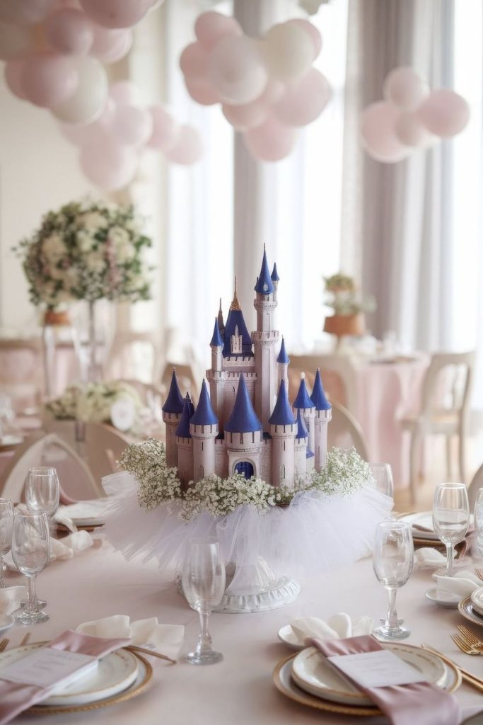 Fairytale castle baby shower decorations setup.