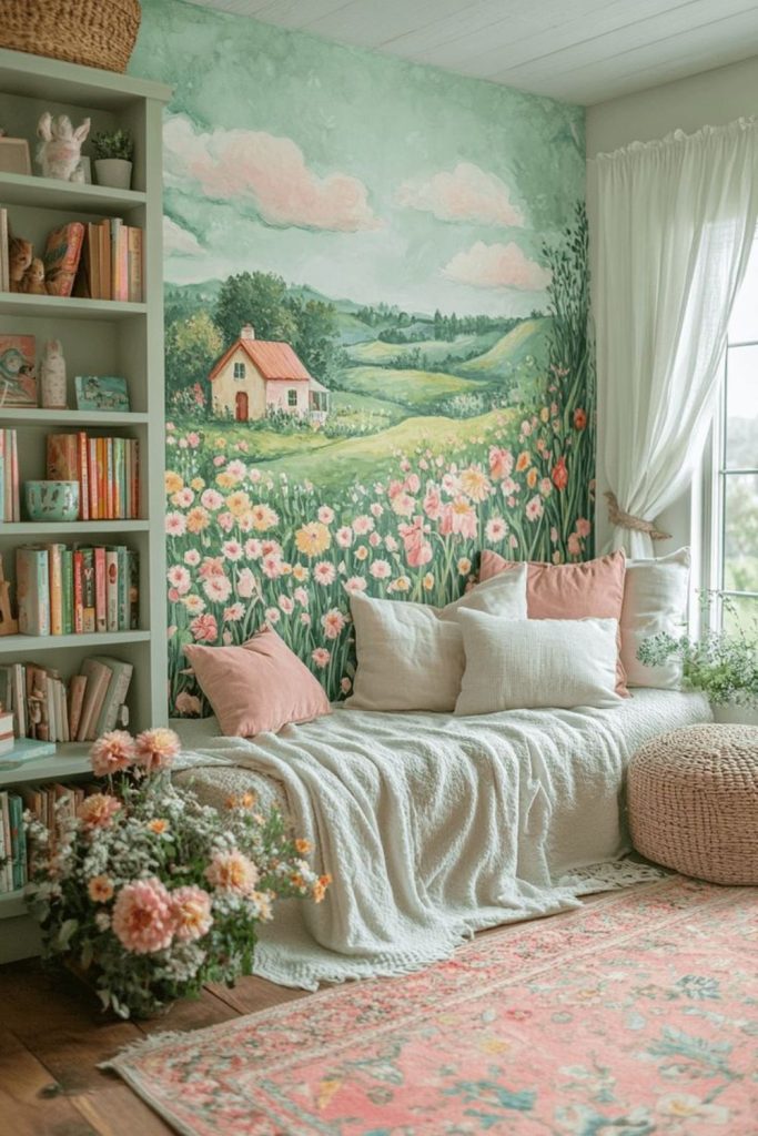 Storybook cottage décor with vintage charm.