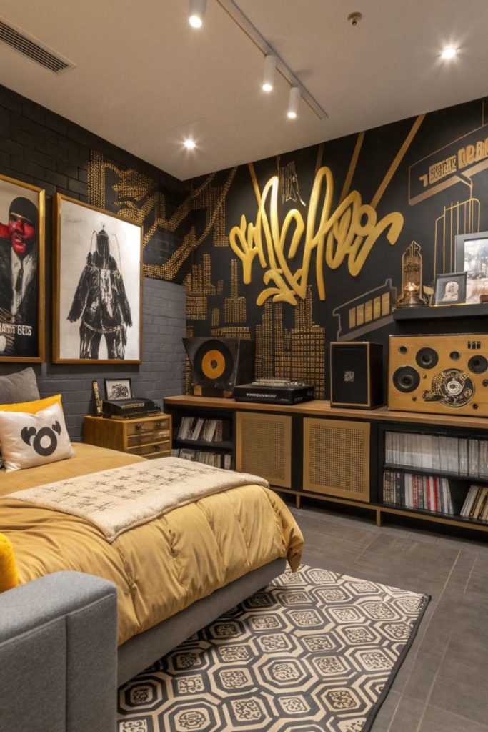 Urban streetwear dorm featuring graffiti artwork.