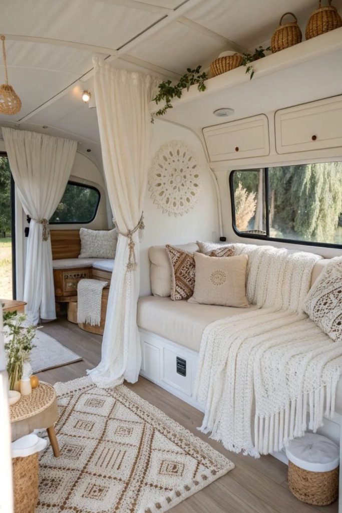 Bright boho camper with macrame decor.