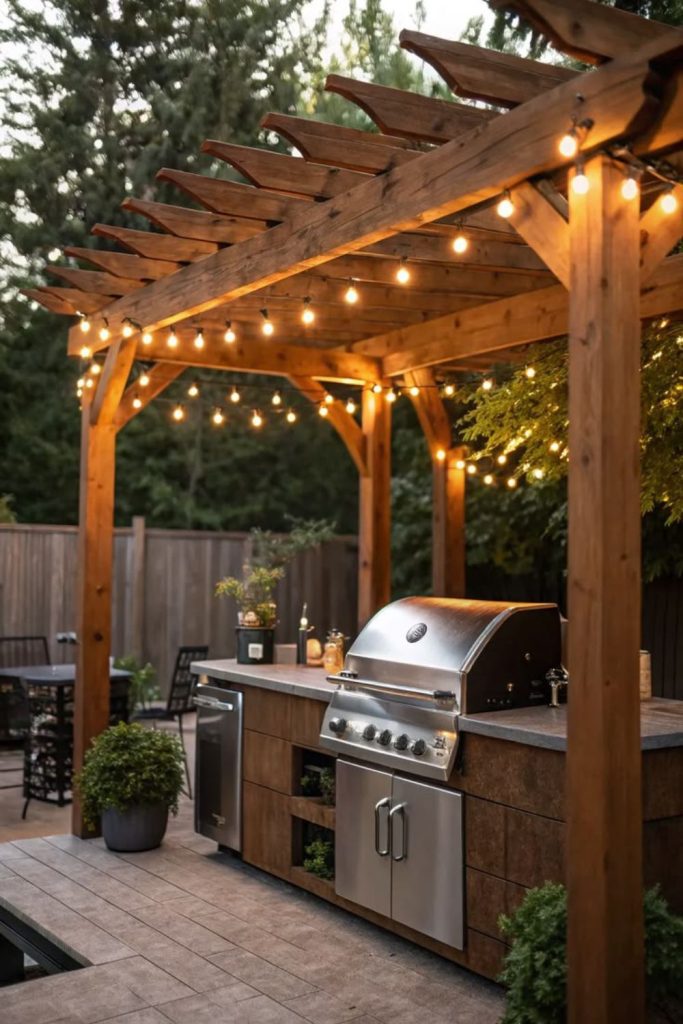 Sunset wooden veranda barbecue grill space