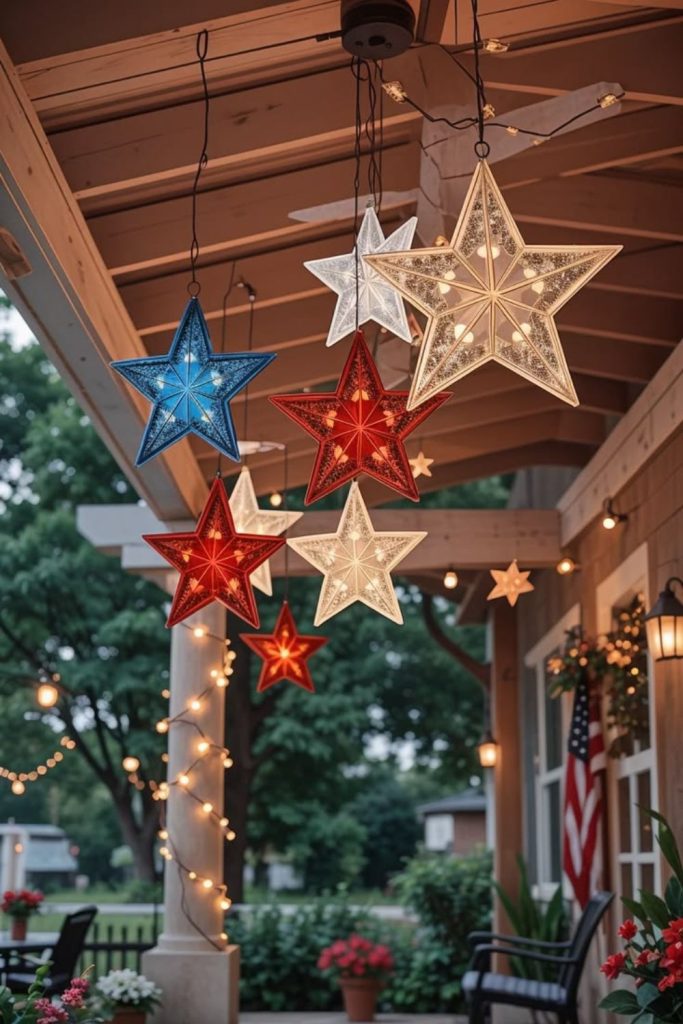 Sunset lit porch with glowing flags and warm evening patriotic ambiance