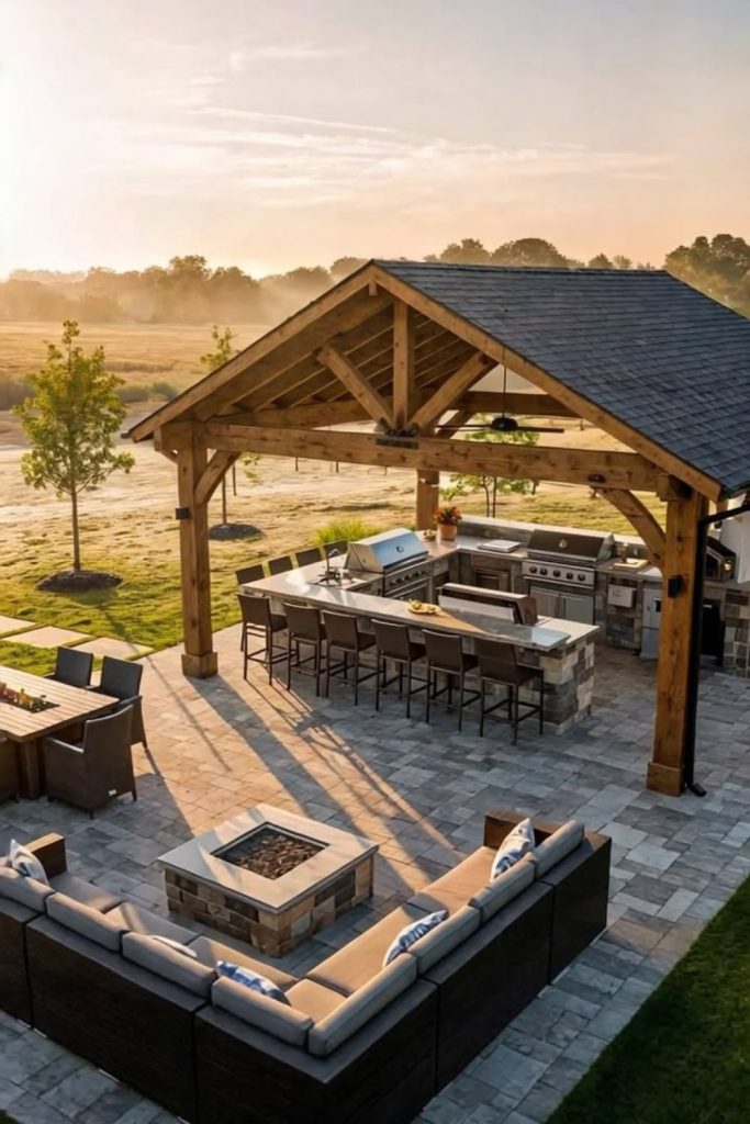 Sunset pavilion outdoor kitchen entertainment area.