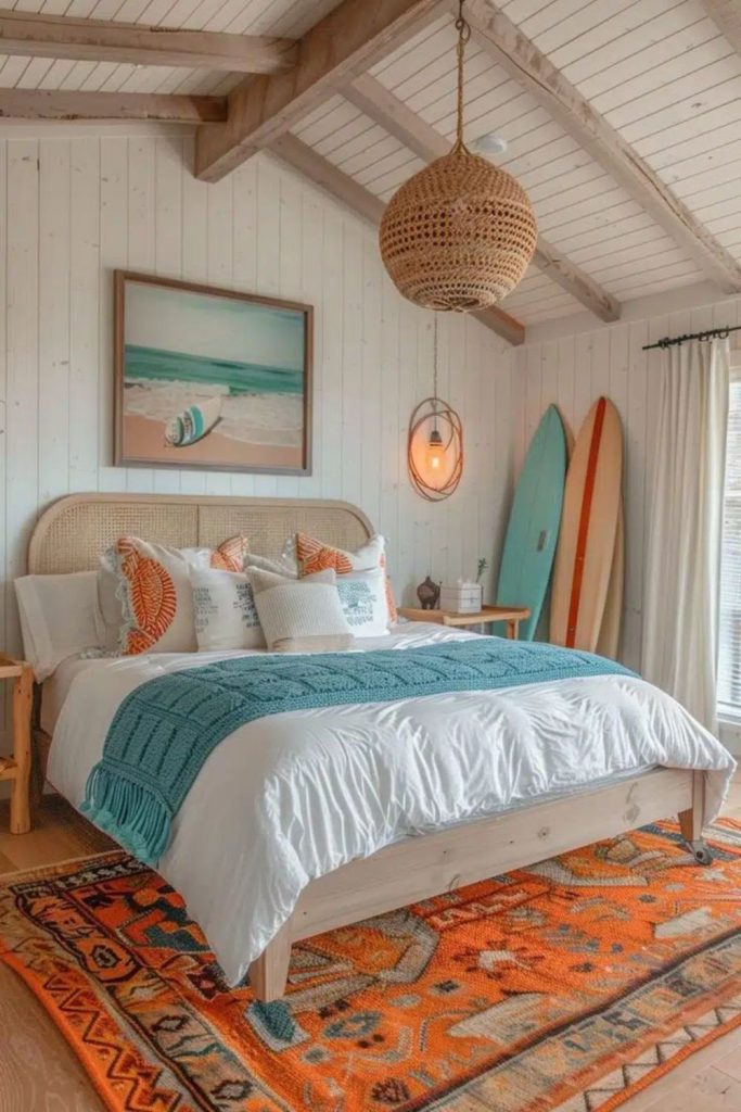 Coastal surf-themed bedroom with blue tones.