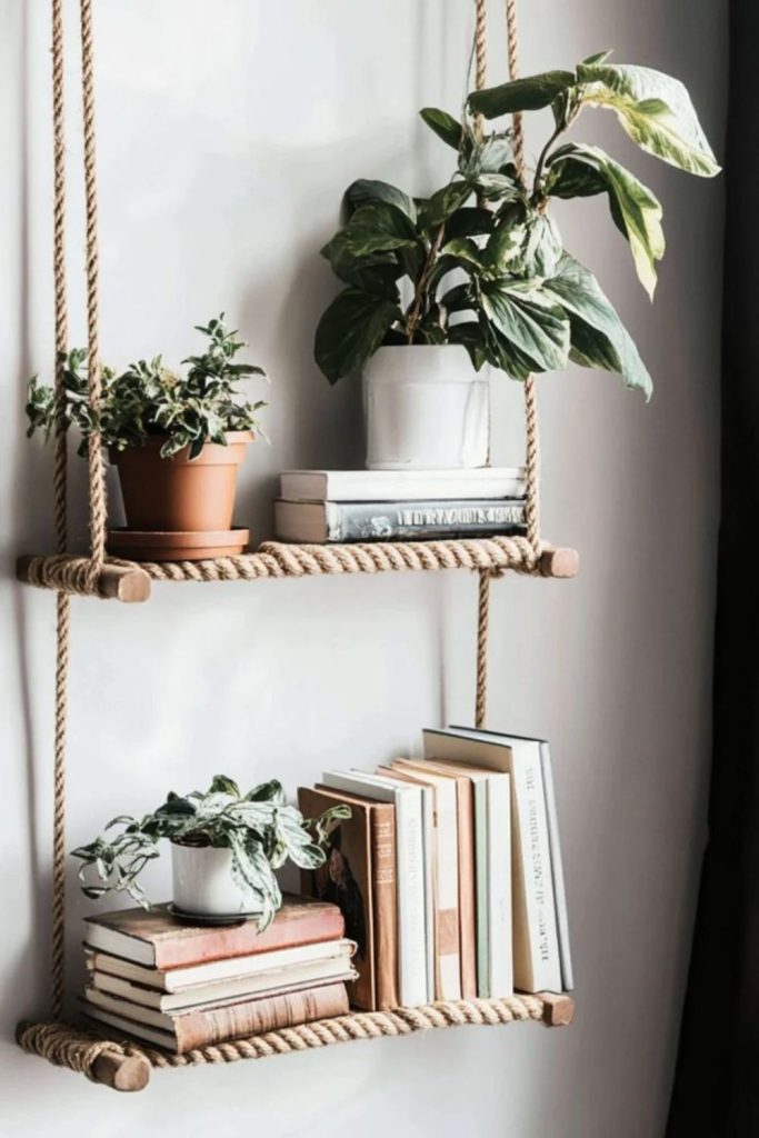 Suspended rope shelf with plants.