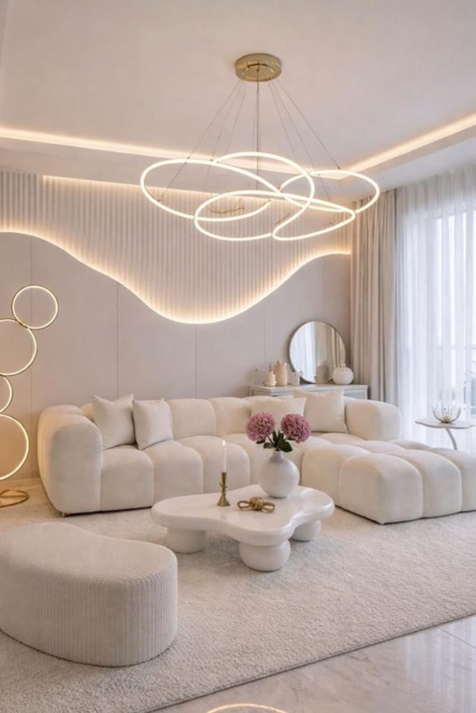 Swan-inspired living room with elegant textures.