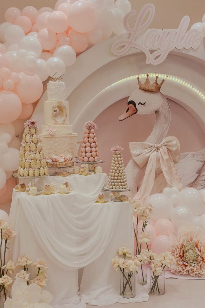 Swan lake baby shower elegant styling.