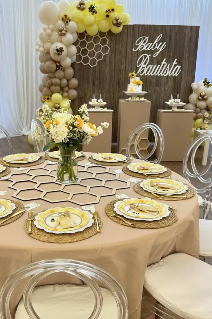 Honey bee baby shower table styling.