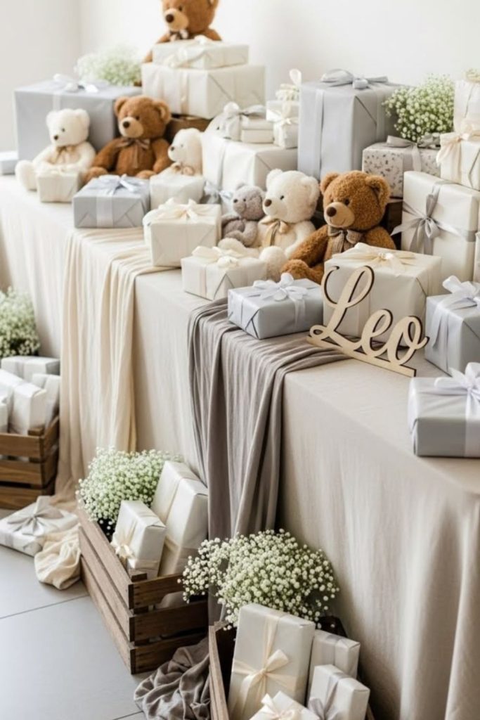 Teddy bear themed baby shower decor.