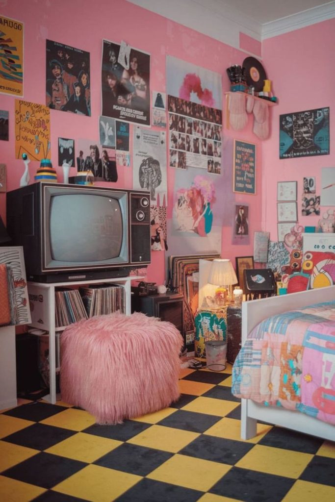 Magazine collage bedroom with celebrity decor.