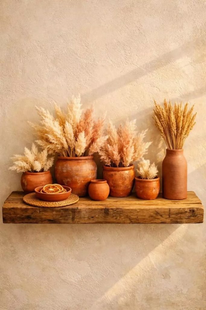 Terracotta pottery shelf decor arrangement.