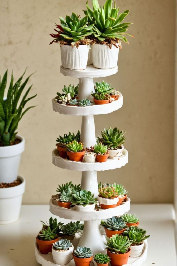 Tiered cake stand plant display.
