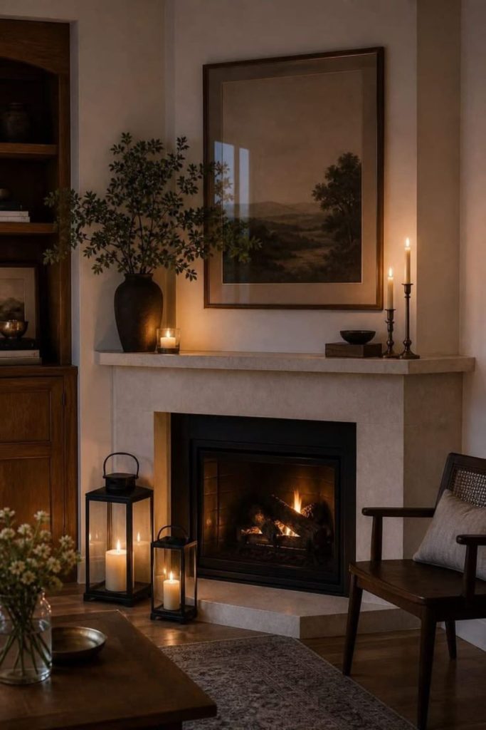 Cozy stone fireplace with classic décor.