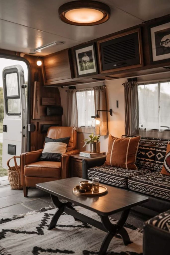 Farmhouse camper interior with shiplap walls.
