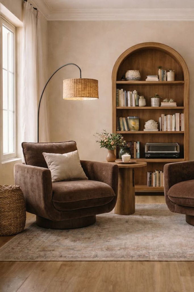 Cozy reading nook with cocoa armchair.