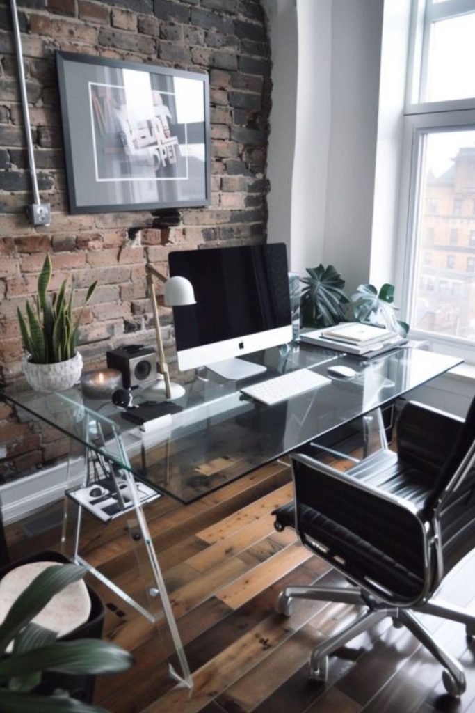 Glass luxe modern dorm workspace.