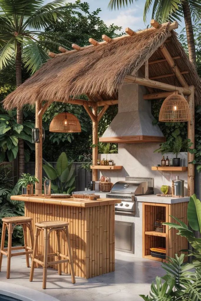 Tropical bamboo covered outdoor kitchen retreat.