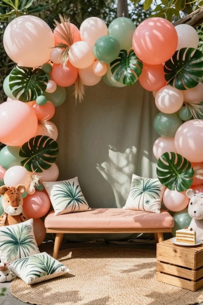 Tropical palm baby shower party decorations.