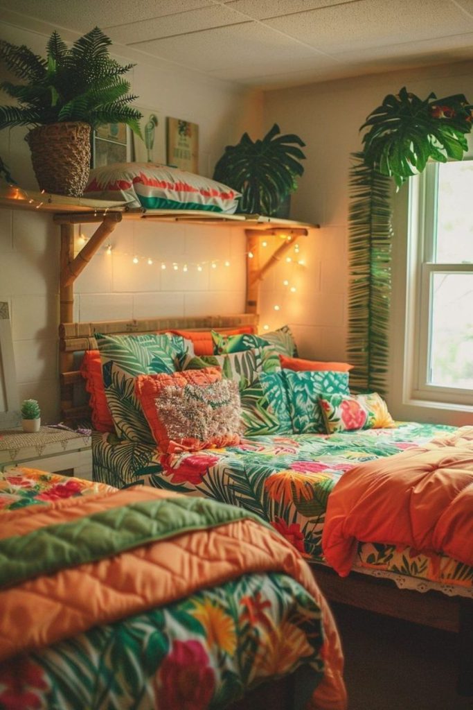 Tropical dorm decorated with palm prints.