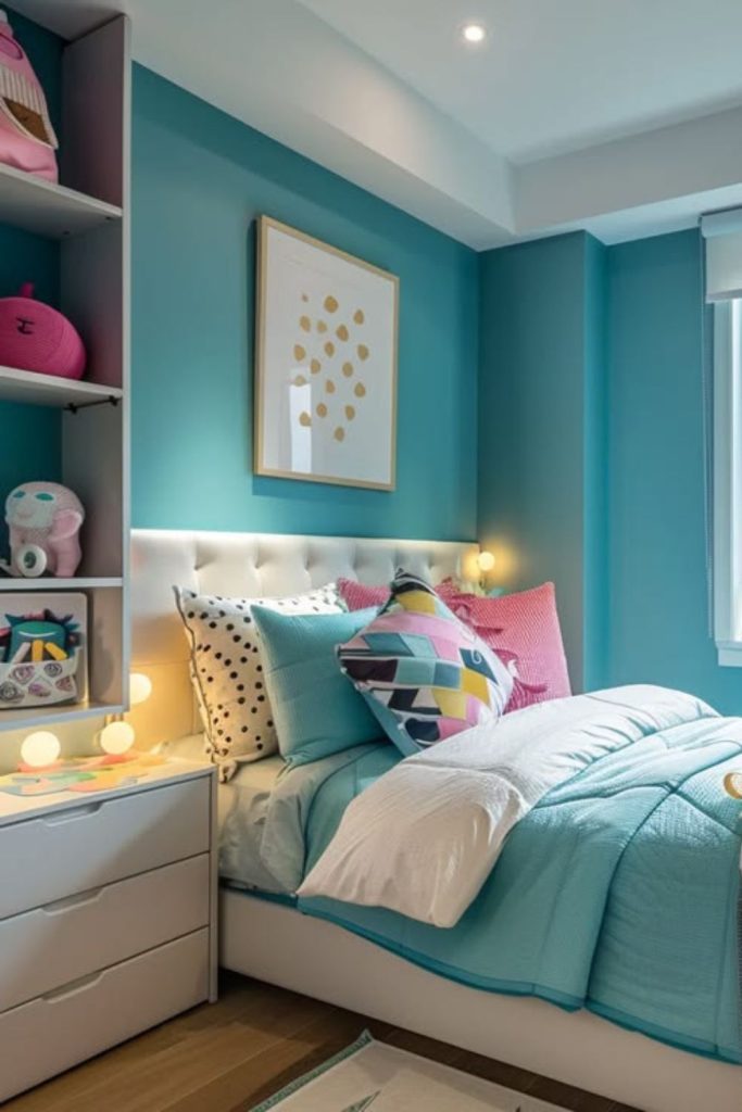Turquoise sparkle bedroom with crystal accents.