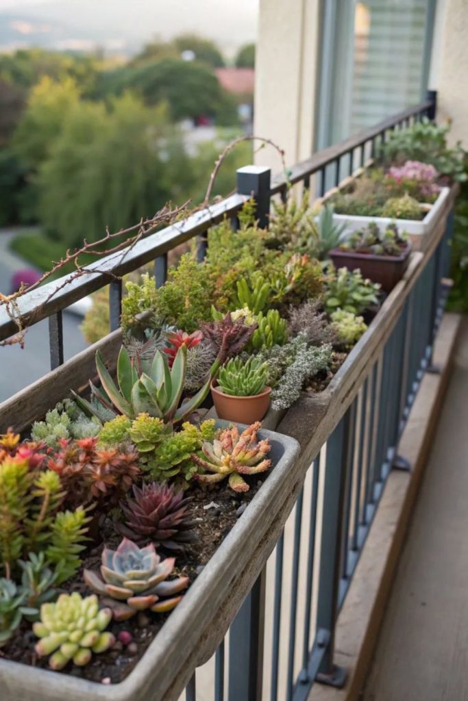Balcony railing herb garden shelf setup
