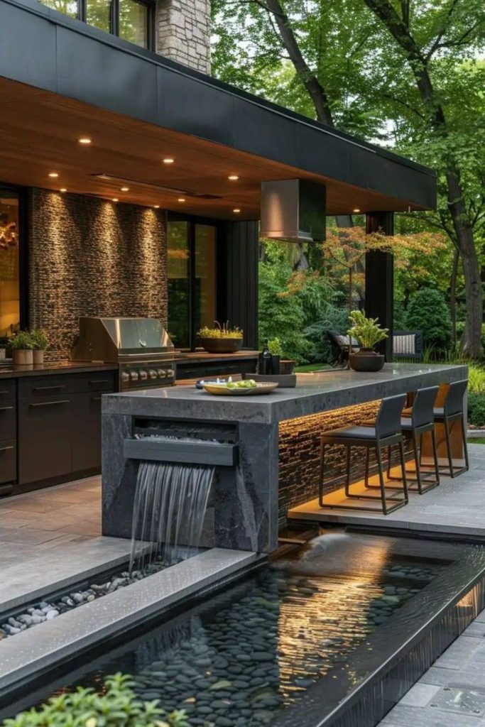 Urban courtyard luxury covered outdoor kitchen.