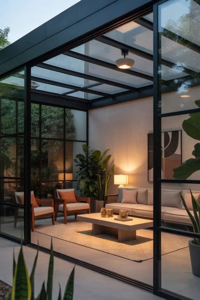 Urban glass framed rooftop patio lounge