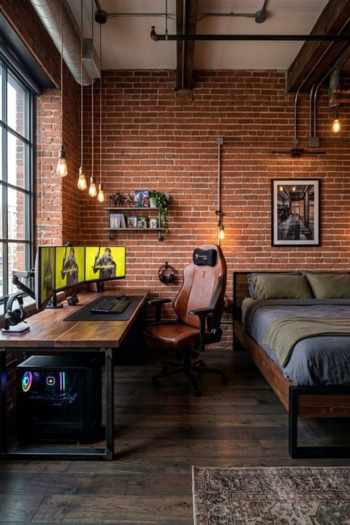 Stylish industrial men's loft bedroom interior.