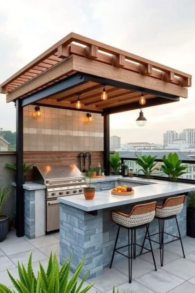City rooftop lounge barbecue grill setup