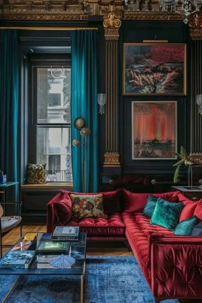 Velvet circus apartment with jewel tones.