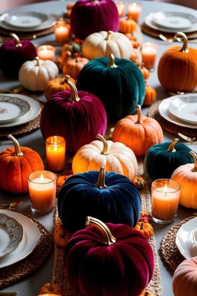 Elegant velvet pumpkin luxury table setup