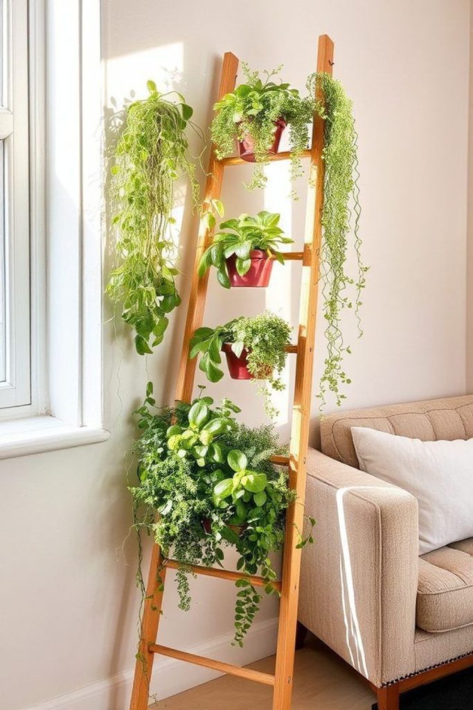 Bohemian ladder plant shelf with trailing vines