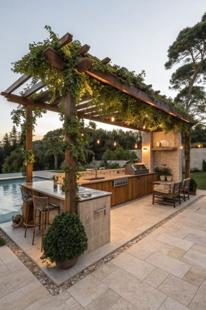 Vineyard inspired outdoor kitchen with pergola.
